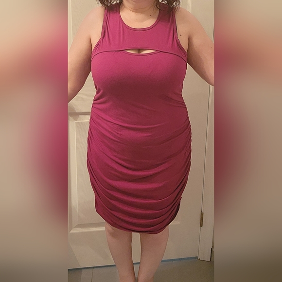 HALARA Round Neck Cut Out Backless Racerback Ruched Bodycon Dress Red Violet/XL - Picture 6 of 6